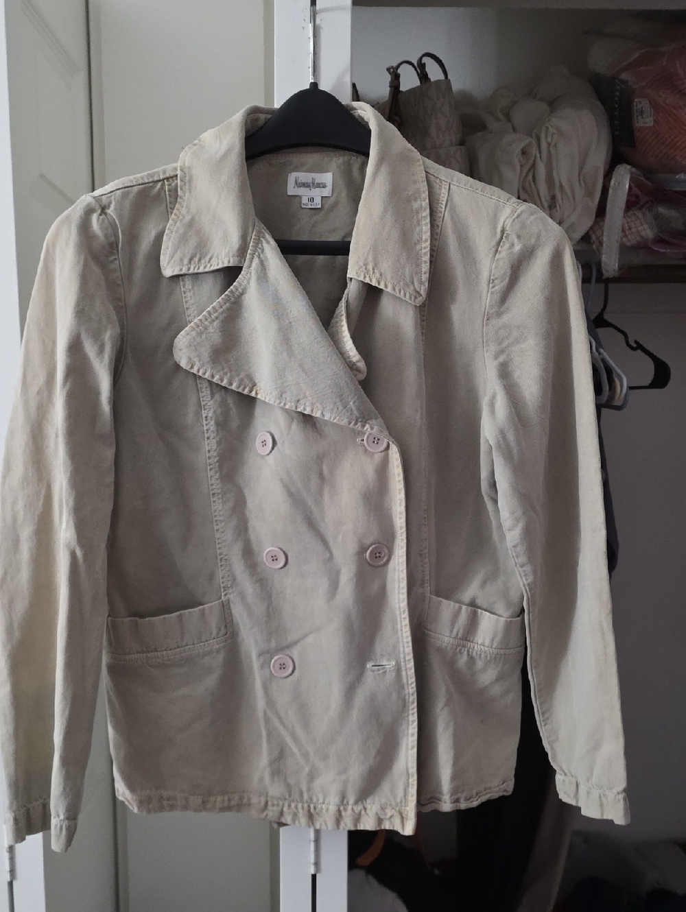 Neiman Marcus Double-Breasted Trench Jacket in Light Beige